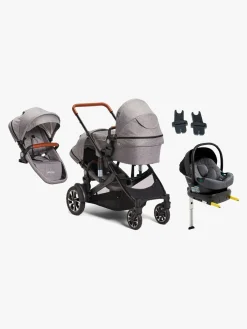 Beemoo Maxi 4 Twin Søskendevogn inkl. Ekstra Søskendesæde & Route i-Size Autostol Baby & ISOFIX Base, Grey/Mineral Grey