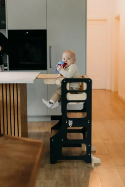 Duck Woodworks 3-i-1 Sammenklappeligt Læringstårn med Højstol, Sort