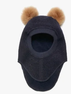 Huttelihut Elefanthue i Uld med Pomponer, Dark Navy