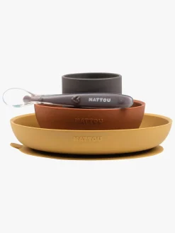 Nattou Soft Silicone Børneservice 4 dele, Sennep/Terracotta