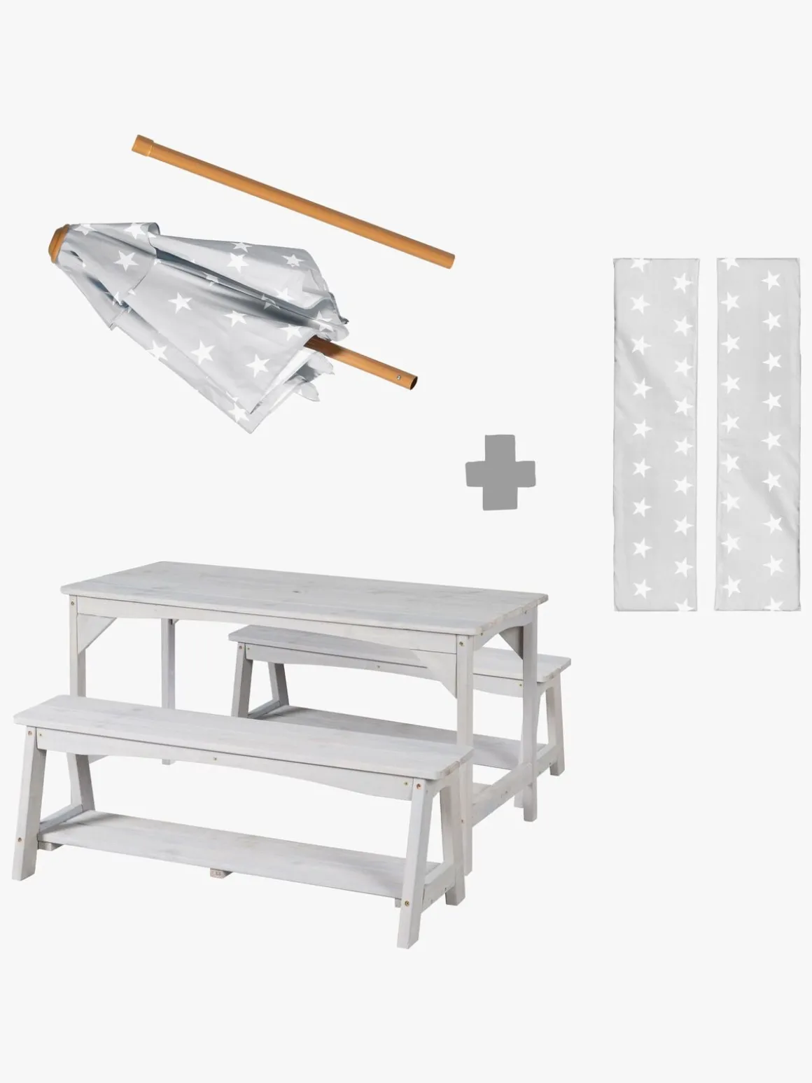 Roba Børn Picnicbord Set til 4 Deluxe med Parasol & Hynder, Grå